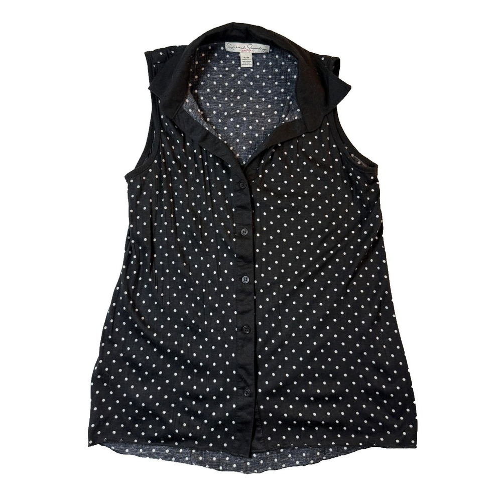 French Laundry Shirt Womens Petite Med Black Polka Dot Button‎ Front Collared